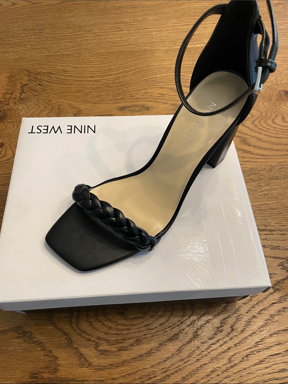 Nine West Black Braided Strap Square-Toe Block Heel Sandal